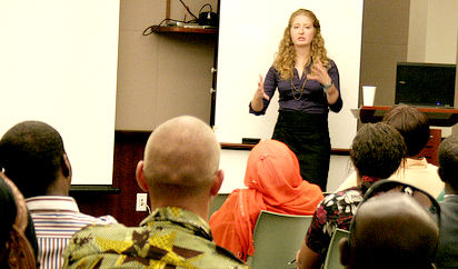 American Fulbrighter Adrienne Strong, during her Fulbright Reflection Series Presentation "Through the Voice of Women: Birth Culture and Maternal Health Care in Singida region," July 21, 2011, U.S. Embassy Dar es Salaam, Tanzania.
